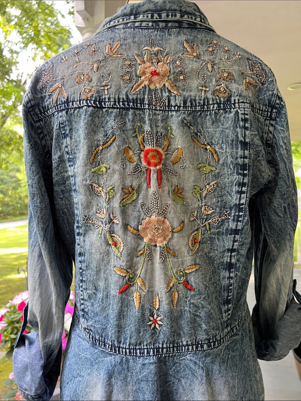 Lola P Embroidered Embellished Washed Denim Button-Up Peplum Blouse